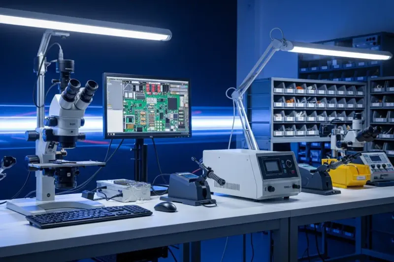 Bancada de laboratório de eletrônica avançada com microscópios para reparo de placas de smartphones da Kenedy Assistência